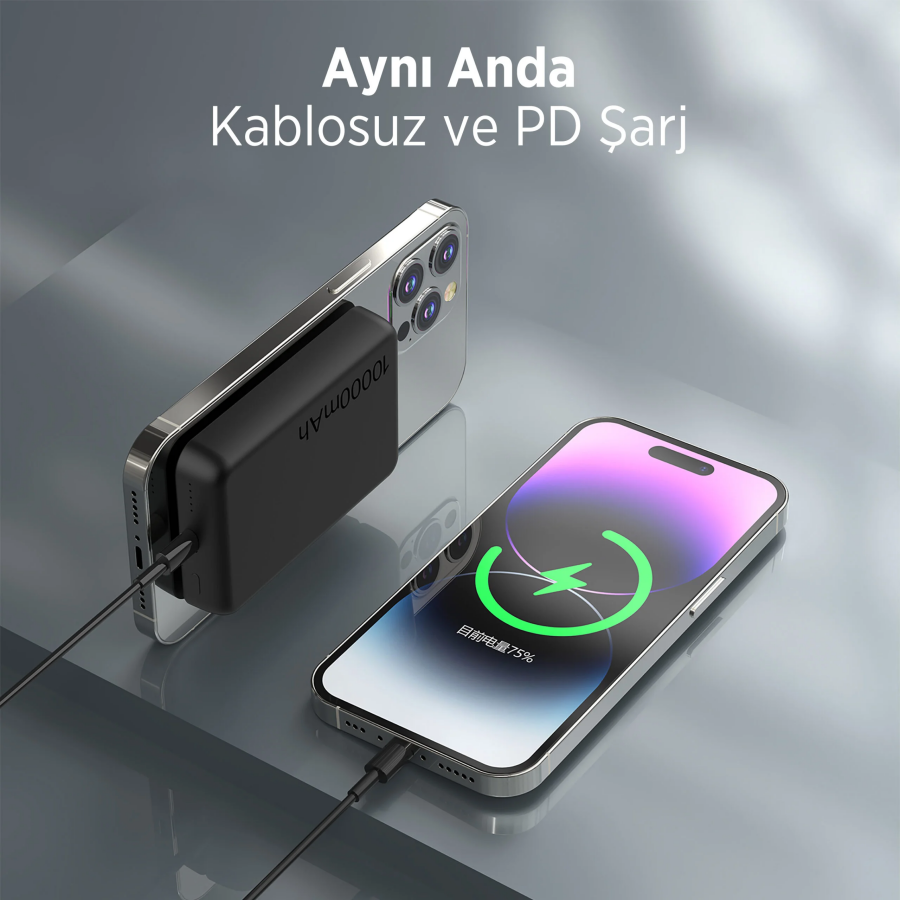 Bix PB112 10000mAh 15W Manyetik Kablosuz ve 20W USB-C Hızlı Şarj Destekli MagSafe Qi Uyumlu Mini Powerbank Siyah - 7
