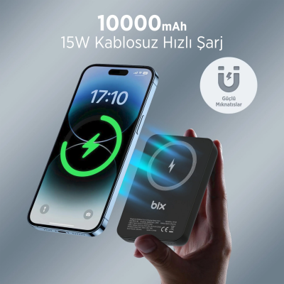 Bix PB112 10000mAh 15W Manyetik Kablosuz ve 20W USB-C Hızlı Şarj Destekli MagSafe Qi Uyumlu Mini Powerbank Siyah - 8