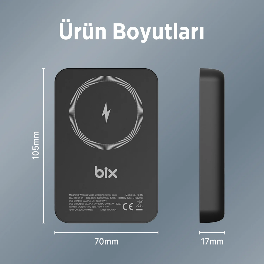Bix PB112 10000mAh 15W Manyetik Kablosuz ve 20W USB-C Hızlı Şarj Destekli MagSafe Qi Uyumlu Mini Powerbank Siyah - 9