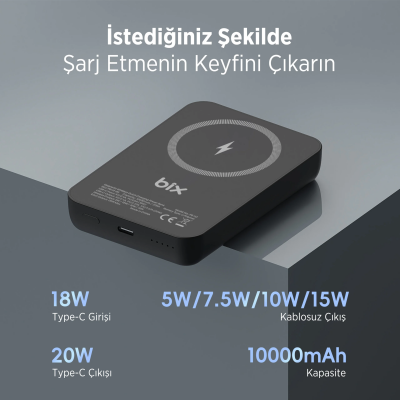 Bix PB112 10000mAh 15W Manyetik Kablosuz ve 20W USB-C Hızlı Şarj Destekli MagSafe Qi Uyumlu Mini Powerbank Siyah - 5