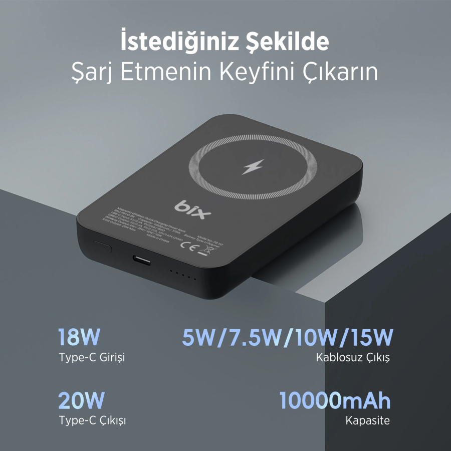Bix PB112 10000mAh 15W Manyetik Kablosuz ve 20W USB-C Hızlı Şarj Destekli MagSafe Qi Uyumlu Mini Powerbank Siyah - 5