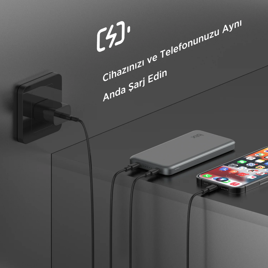 Bix PB113 10000mAh PD 20W Çift USB-C Portlu Hızlı Şarj Destekli Dayanıklı Metal Powerbank Koyu Gri - 6