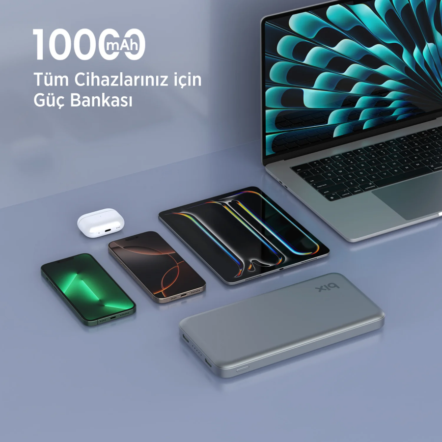 Bix PB113 10000mAh PD 20W Çift USB-C Portlu Hızlı Şarj Destekli Dayanıklı Metal Powerbank Koyu Gri - 7