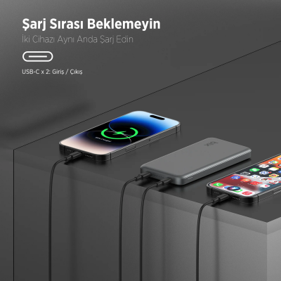 Bix PB113 10000mAh PD 20W Çift USB-C Portlu Hızlı Şarj Destekli Dayanıklı Metal Powerbank Koyu Gri - 4