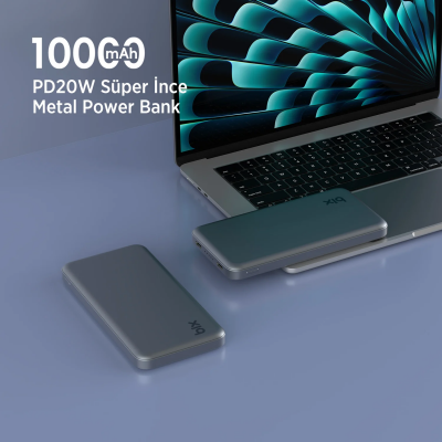 Bix PB113 10000mAh PD 20W Çift USB-C Portlu Hızlı Şarj Destekli Dayanıklı Metal Powerbank Koyu Gri - 5