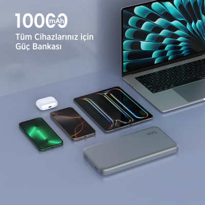 Bix PB113 10000mAh PD 20W Çift USB-C Portlu Hızlı Şarj Destekli Dayanıklı Metal Powerbank Koyu Gri - 7