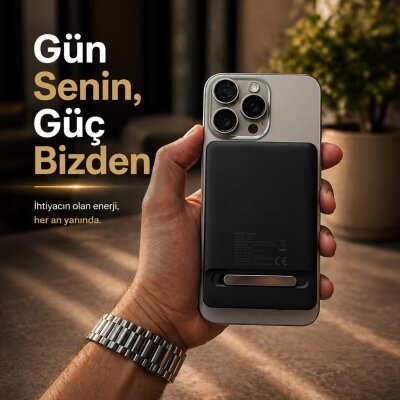 Bix PB117 10000mAh PD20W Hızlı Şarj Type-C Çıkışlı Kablosuz MagSafe Telefon Standlı Mini Powerbank Siyah - 3