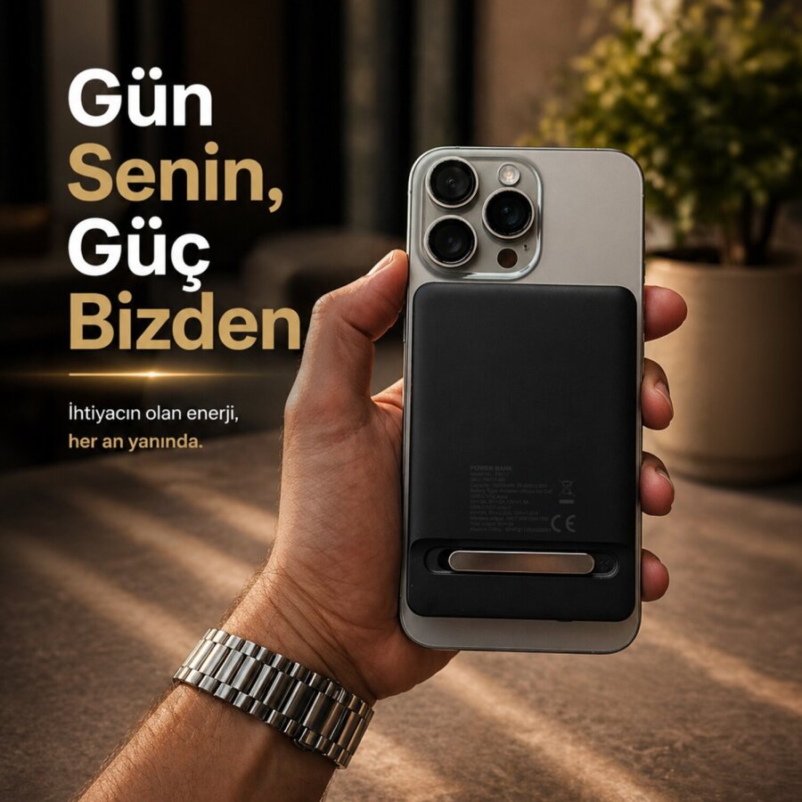 Bix PB117 10000mAh PD20W Hızlı Şarj Type-C Çıkışlı Kablosuz MagSafe Telefon Standlı Mini Powerbank Siyah - 3