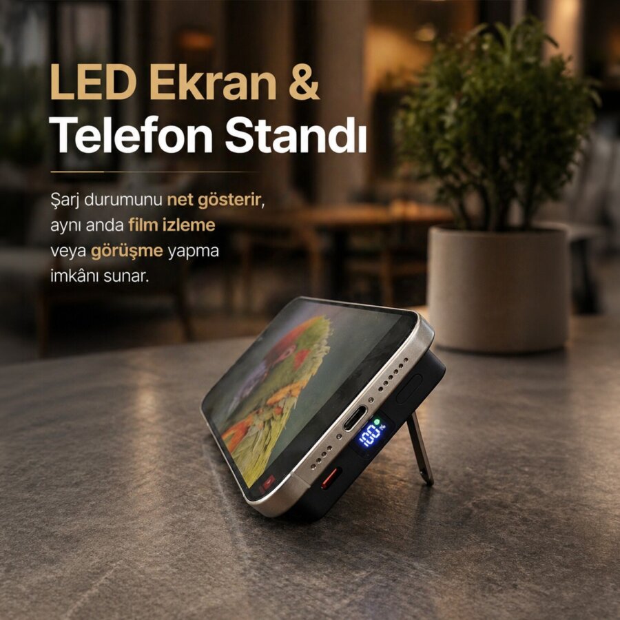 Bix PB117 10000mAh PD20W Hızlı Şarj Type-C Çıkışlı Kablosuz MagSafe Telefon Standlı Mini Powerbank Siyah - 4