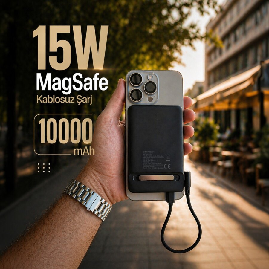 Bix PB117 10000mAh PD20W Hızlı Şarj Type-C Çıkışlı Kablosuz MagSafe Telefon Standlı Mini Powerbank Siyah - 5