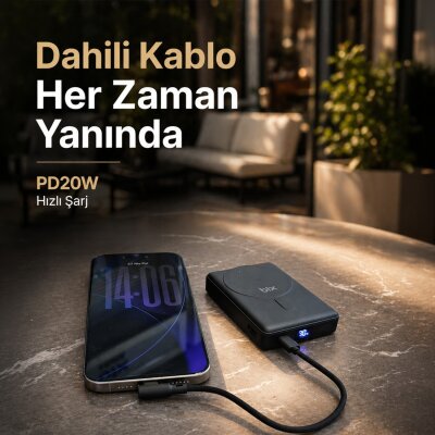 Bix PB117 10000mAh PD20W Hızlı Şarj Type-C Çıkışlı Kablosuz MagSafe Telefon Standlı Mini Powerbank Siyah - 6