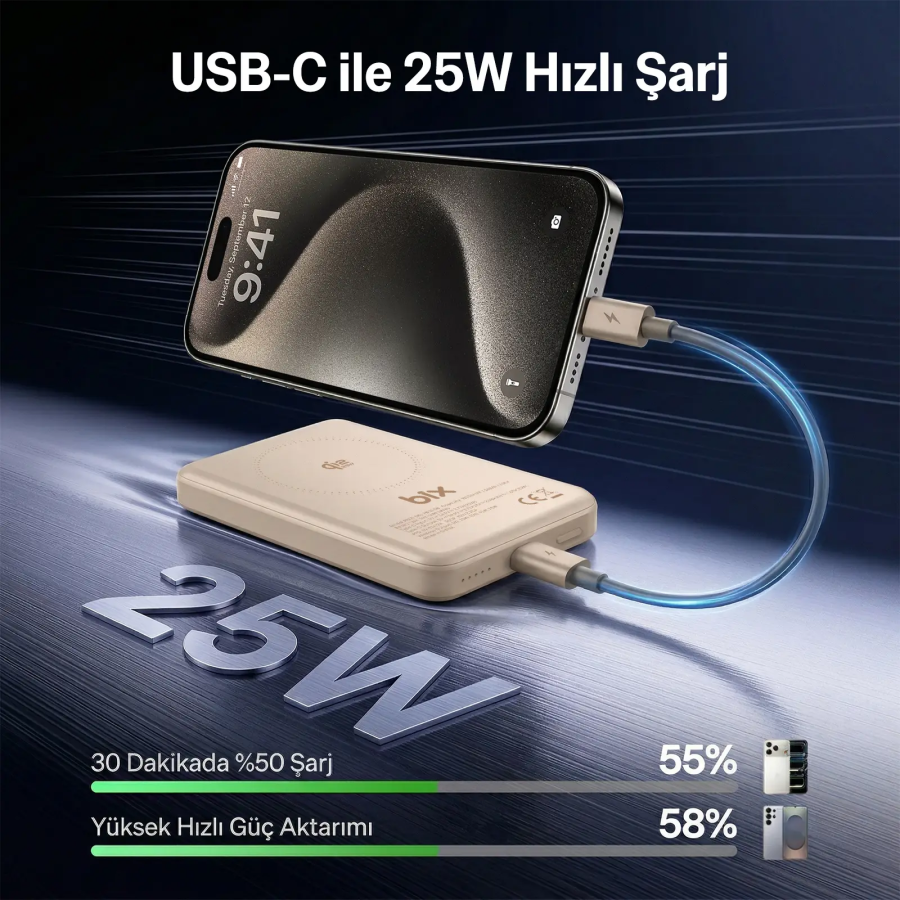 Bix PB121 25W Qi2.2 Kablosuz Magsafe PD 3.0 10000mAh Semi-Solid Bataryalı Hızlı Şarj USB-C Kablolu Powerbank Süt Beyazı - 3