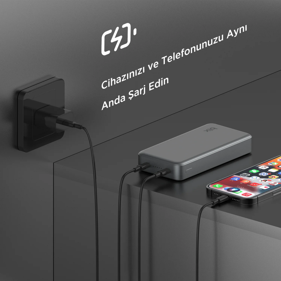Bix PB205 20000mAh PD 20W Çift USB-C Portlu Hızlı Şarj Destekli Dayanıklı Metal Powerbank Koyu Gri - 7