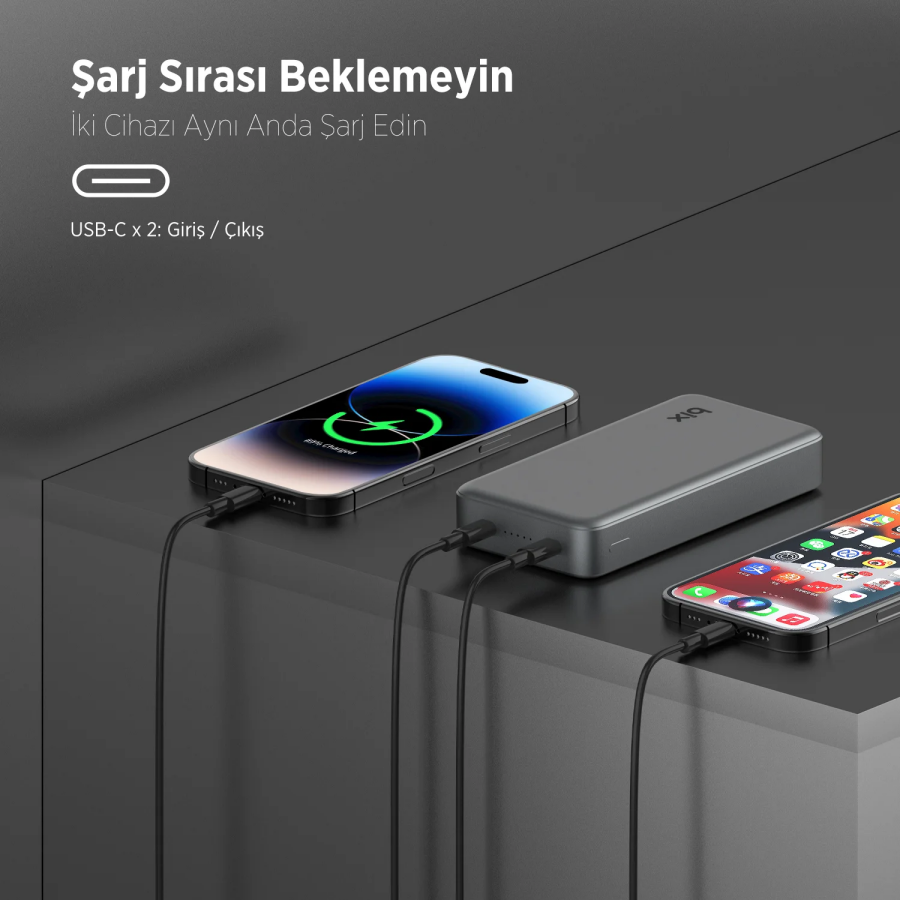 Bix PB205 20000mAh PD 20W Çift USB-C Portlu Hızlı Şarj Destekli Dayanıklı Metal Powerbank Koyu Gri - 4