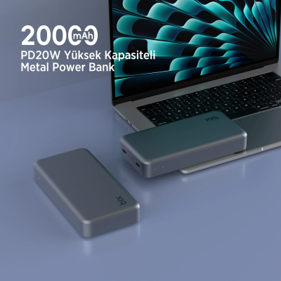 Bix PB205 20000mAh PD 20W Çift USB-C Portlu Hızlı Şarj Destekli Dayanıklı Metal Powerbank Koyu Gri - 6