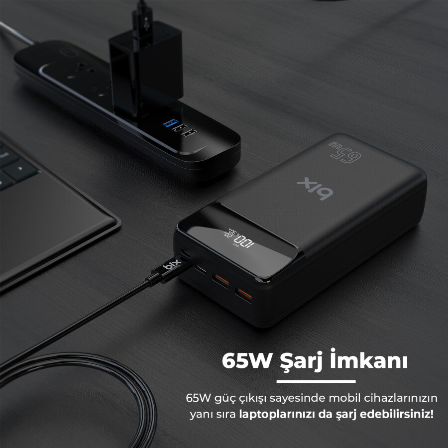 Bix PB301-65W 30000mAh Üç Çıkışlı 65W QC 3.0 Powerbank Beyaz - 5