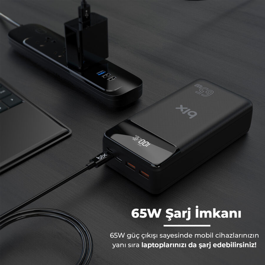 Bix PB301-65W 30000mAh Üç Çıkışlı 65W QC 3.0 Powerbank Beyaz - 5