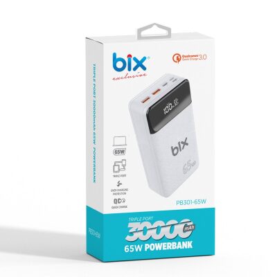 Bix PB301-65W 30000mAh Üç Çıkışlı 65W QC 3.0 Powerbank Beyaz - 6