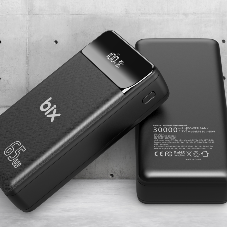 Bix PB301-65W 30000mAh Üç Çıkışlı 65W QC 3.0 Powerbank Siyah - 7