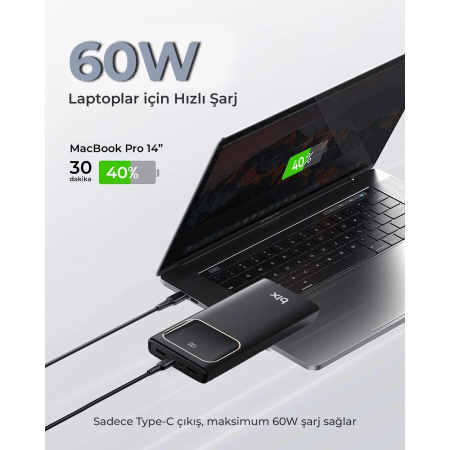 Bix PB303 30000MAH 60W 2*usb ve Type-C Pd Çıkışlı Hızlı Şarj Destekli LED Göstergeli Powerbank Siyah - 5