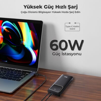 Bix PB303 30000MAH 60W 2*usb ve Type-C Pd Çıkışlı Hızlı Şarj Destekli LED Göstergeli Powerbank Siyah - 8