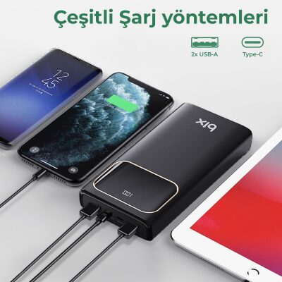 Bix PB303 30000MAH 60W 2*usb ve Type-C Pd Çıkışlı Hızlı Şarj Destekli LED Göstergeli Powerbank Siyah - 7