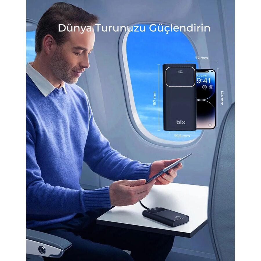 Bix PB303 30000MAH 60W 2*usb ve Type-C Pd Çıkışlı Hızlı Şarj Destekli LED Göstergeli Powerbank Siyah - 6
