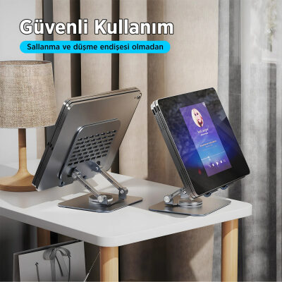 Bix PS01 360° Dönebilen Isı Dağıtımlı Katlanabilir Metal Tablet Standı iPad Tutucu Gri - 7