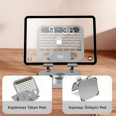 Bix PS01 360° Dönebilen Isı Dağıtımlı Katlanabilir Metal Tablet Standı iPad Tutucu Gri - 4