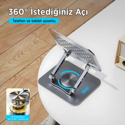 Bix PS01 360° Dönebilen Isı Dağıtımlı Katlanabilir Metal Tablet Standı iPad Tutucu Gri - 5