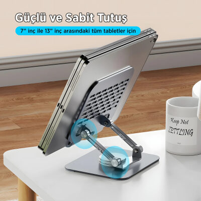Bix PS01 360° Dönebilen Isı Dağıtımlı Katlanabilir Metal Tablet Standı iPad Tutucu Gri - 6