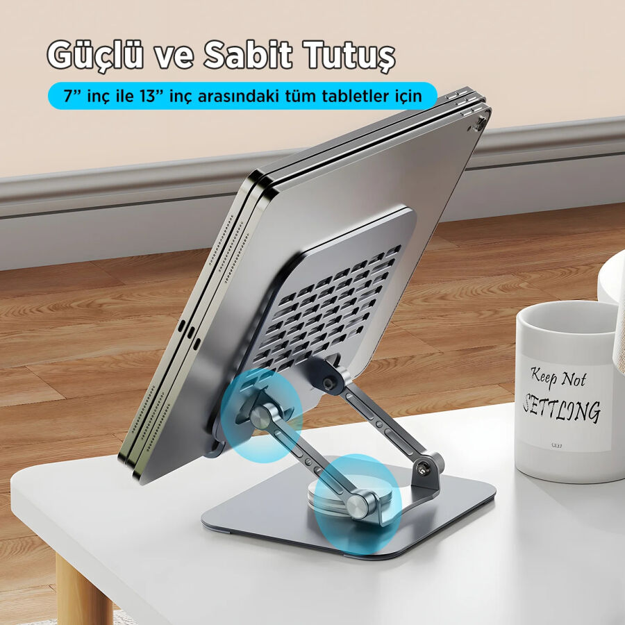 Bix PS01 360° Dönebilen Isı Dağıtımlı Katlanabilir Metal Tablet Standı iPad Tutucu Gri - 6