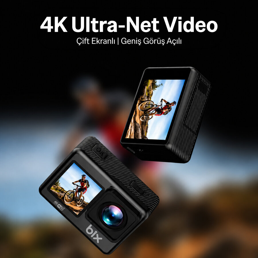 Bix Pulse Dual 4K 30FPS 20MP Wi-Fi Aksiyon Kamerası Dokunmatik Ekran Su Geçirmez Bisiklet Motosiklet Kask Su Altı ve Vlog Kamerası - 2