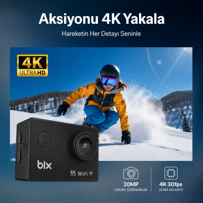 Bix Pulse2 4K 30FPS 20MP Wi-Fi Aksiyon Kamerası 30 Metre Su Geçirmez Kılıflı Bisiklet Motosiklet Vlog Kamerası Siyah - 3