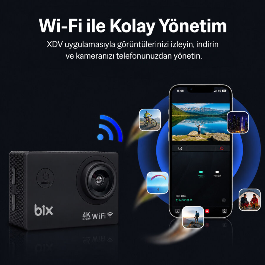 Bix Pulse2 4K 30FPS 20MP Wi-Fi Aksiyon Kamerası 30 Metre Su Geçirmez Kılıflı Bisiklet Motosiklet Vlog Kamerası Siyah - 7