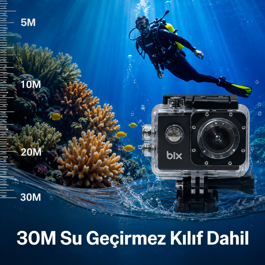 Bix Pulse2 4K 30FPS 20MP Wi-Fi Aksiyon Kamerası 30 Metre Su Geçirmez Kılıflı Bisiklet Motosiklet Vlog Kamerası Siyah - 8