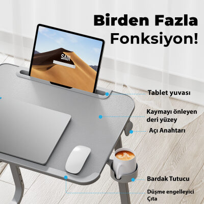 Bix Saiji F2 Tablet Yuvası Bardak Tutucu ve TV Yatak Tepsisi Özellikli Çalışma Masası Gri - 5