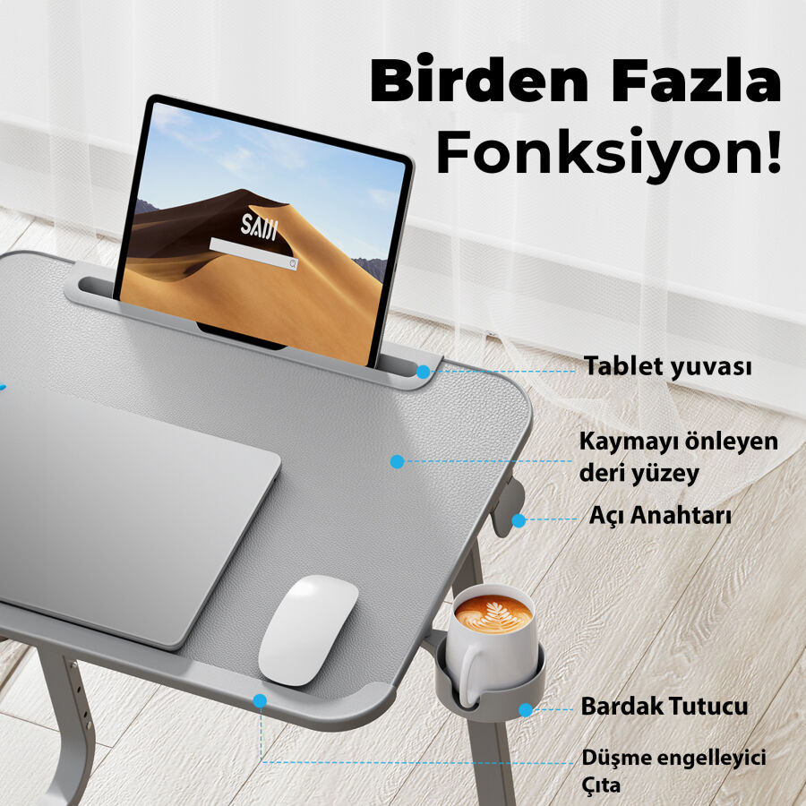 Bix Saiji F2 Tablet Yuvası Bardak Tutucu ve TV Yatak Tepsisi Özellikli Çalışma Masası Gri - 5