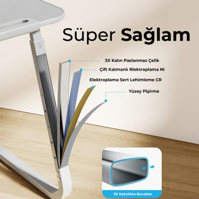 Bix Saiji F2 Tablet Yuvası Bardak Tutucu ve TV Yatak Tepsisi Özellikli Çalışma Masası Gri - 7