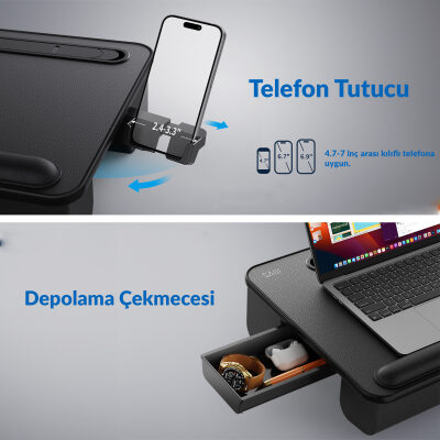 Bix Saiji GX8 LED Işıklı Laptop Masası 17 İnç Uyumlu Büyük PVC Yüzeyli Telefon Tutuculu Çekmeceli - 4