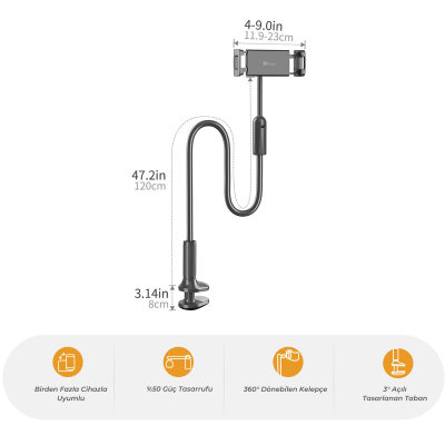 Bix Saiji IVY 4 Tablet Tutucu Yatak ve Masa İçin 360° Dönebilir Ayarlanabilir Tablet Standı - 4