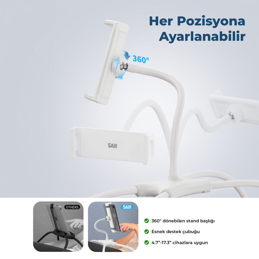 Bix Saiji Q2T Telefon Tablet Standı Yatak Masa Araba Kullanımı İçin Ayarlanabilir ve Dayanıklı Tasarım Beyaz - 3