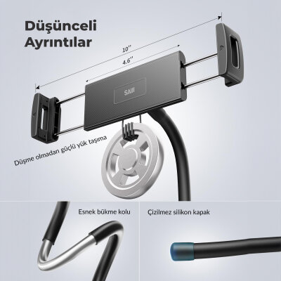 Bix Saiji Q2T Telefon Tablet Standı Yatak Masa Araba Kullanımı İçin Ayarlanabilir ve Dayanıklı Tasarım Siyah - 4