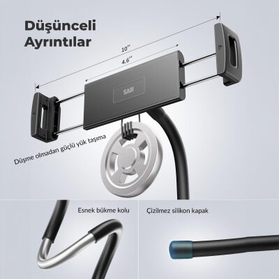 Bix Saiji Q2T Telefon Tablet Standı Yatak Masa Araba Kullanımı İçin Ayarlanabilir ve Dayanıklı Tasarım Siyah - 4