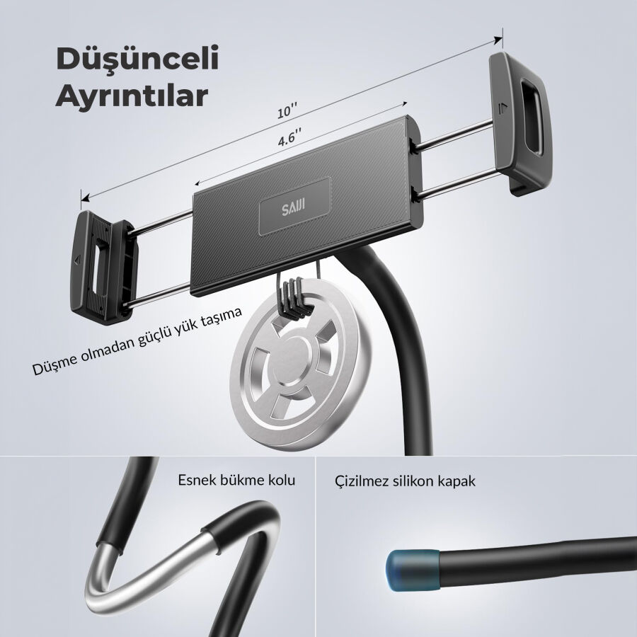 Bix Saiji Q2T Telefon Tablet Standı Yatak Masa Araba Kullanımı İçin Ayarlanabilir ve Dayanıklı Tasarım Siyah - 4