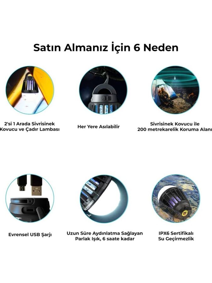 Bix Şarjlı Sivrisinek Kovucu Kamp Lambası UV LED Böcek Tuzağı 3 Kademeli Fener IPX6 Su Geçirmez Böcek Kovucu Siyah - 5