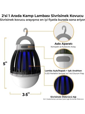 Bix Şarjlı Sivrisinek Kovucu Kamp Lambası UV LED Böcek Tuzağı 3 Kademeli Fener IPX6 Su Geçirmez Böcek Kovucu Siyah - 6