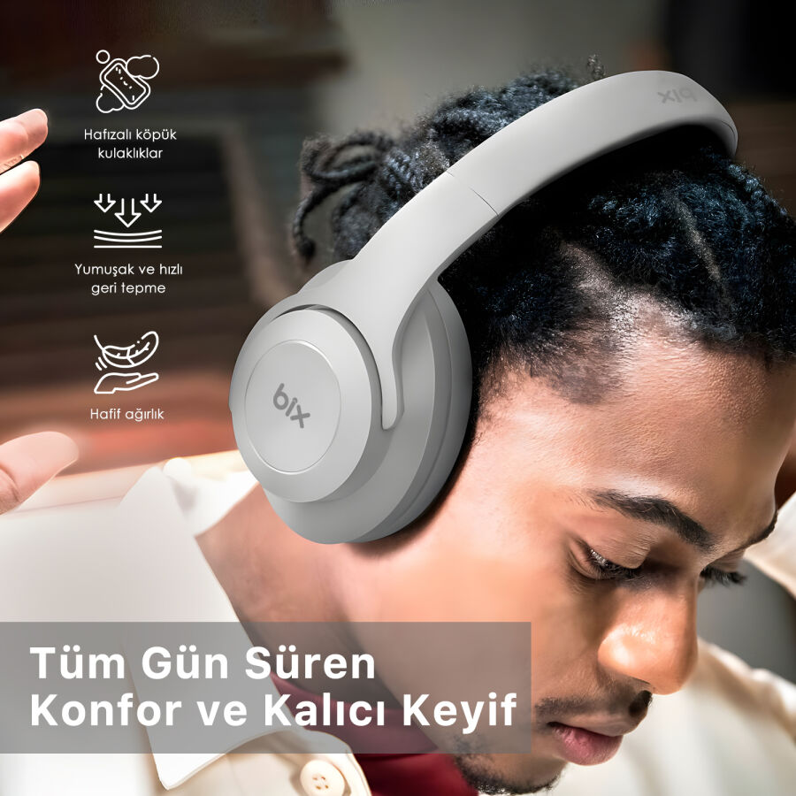Bix Soundcraft BH2 Katlanabilir Hoparlör Özellikli EQ Mod Kablosuz Bluetooth 5.3 Kulaküstü Kulaklık Buz Gri - 3