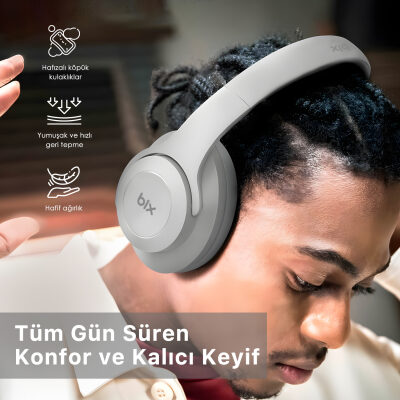 Bix Soundcraft BH2 Katlanabilir Hoparlör Özellikli EQ Mod Kablosuz Bluetooth 5.3 Kulaküstü Kulaklık Buz Gri - 3