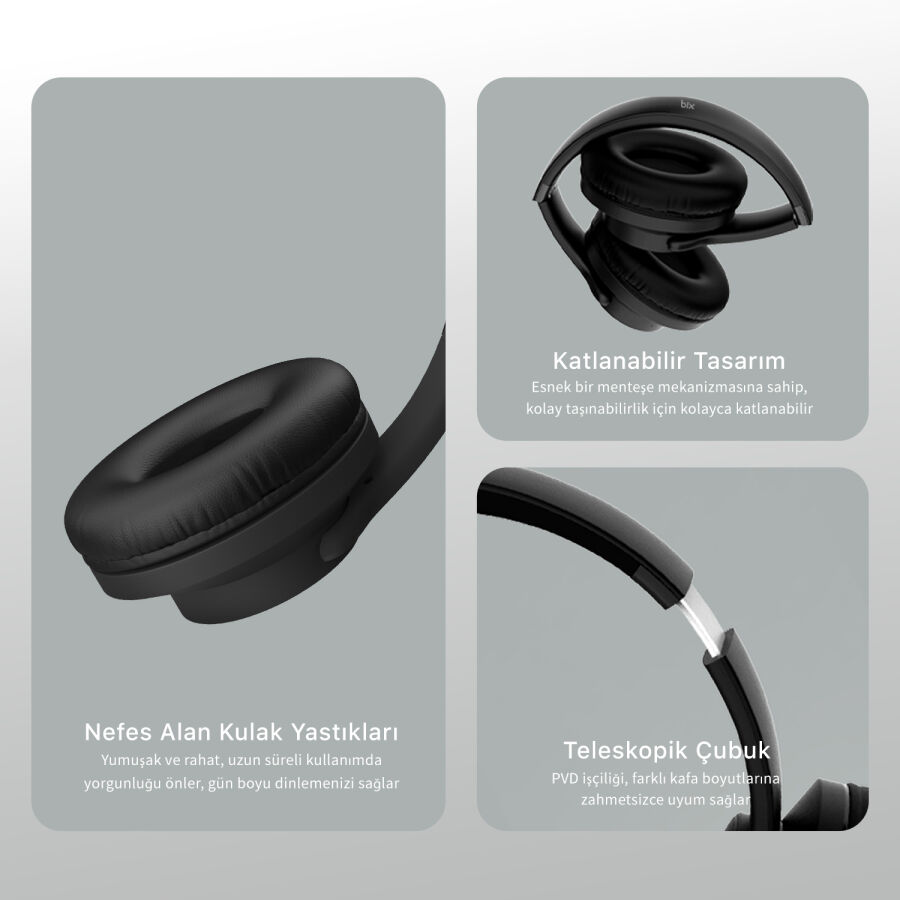 Bix Soundcraft BH2 Katlanabilir Hoparlör Özellikli EQ Mod Kablosuz Bluetooth 5.3 Kulaküstü Kulaklık Siyah - 5